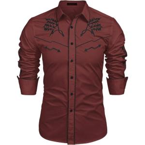 imageCOOFANDY Mens Western Cowboy Shirt Long Sleeve Embroidered Shirt Slim Fit Cotton Casual Button Down ShirtWine Red