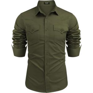 imageCOOFANDY Mens Western Cowboy Shirts Long Sleeve Cotton Casual Button Down Work Shirt with PocketsArmy Green