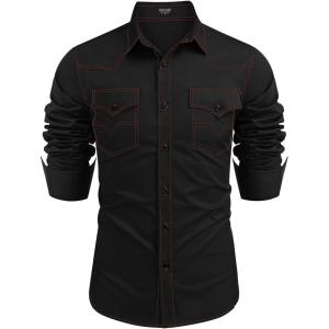 imageCOOFANDY Mens Western Cowboy Shirts Long Sleeve Cotton Casual Button Down Work Shirt with PocketsBlack  Red