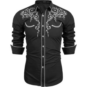 imageCOOFANDY Mens Western Cowboy Shirts Long Sleeve Embroidered Shirt Slim Fit Casual Button Down ShirtsBlack