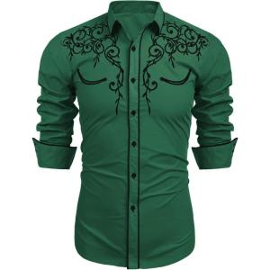 imageCOOFANDY Mens Western Cowboy Shirts Long Sleeve Embroidered Shirt Slim Fit Casual Button Down ShirtsDark Green