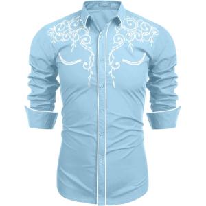 imageCOOFANDY Mens Western Cowboy Shirts Long Sleeve Embroidered Shirt Slim Fit Casual Button Down ShirtsLight Blue