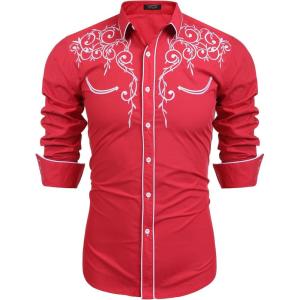 imageCOOFANDY Mens Western Cowboy Shirts Long Sleeve Embroidered Shirt Slim Fit Casual Button Down ShirtsRed