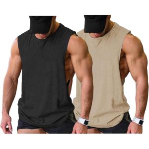 imageCOOFANDY Men Workout Tank Top 2 Pack Gym Bodybuilding Sleeveless Muscle T ShirtsBlackLight Khaki2pcs