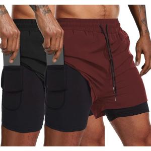 imageCOOFANDY Mens 2 Pack Running Shorts 2 in 1 Workout Shorts Quick Dry Gym Training Athletic Jogger with Phone Pockets2pack Blackwine Red