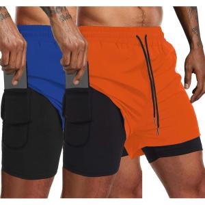 imageCOOFANDY Mens 2 Pack Running Shorts 2 in 1 Workout Shorts Quick Dry Gym Training Athletic Jogger with Phone Pockets2pack Orangeroyal Blue