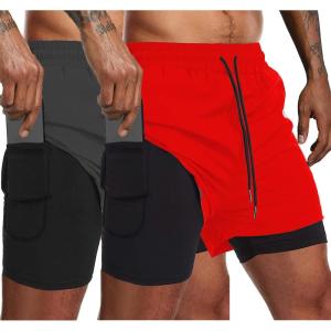 imageCOOFANDY Mens 2 Pack Running Shorts 2 in 1 Workout Shorts Quick Dry Gym Training Athletic Jogger with Phone Pockets2packreddark Grey