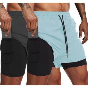 imageCOOFANDY Mens 2 Pack Running Shorts 2 in 1 Workout Shorts Quick Dry Gym Training Athletic Jogger with Phone Pockets2packsky Bluedark Grey