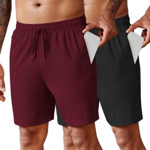 imageCOOFANDY Mens 2 Pack Workout Gym Shorts 7 Inch  5 Inch Athletic Shorts Lightweight Casual Jogger Short with Zipper PocketsBlack  Wine Red