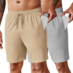 imageCOOFANDY Mens 2 Pack Workout Gym Shorts 7 Inch  5 Inch Athletic Shorts Lightweight Casual Jogger Short with Zipper PocketsKhaki  Grey