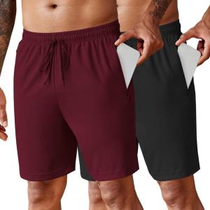 imageCOOFANDY Mens 2 Pack Workout Gym Shorts 7 Inch  5 Inch Athletic Shorts Lightweight Casual Jogger Short with Zipper PocketsWine Red  Black
