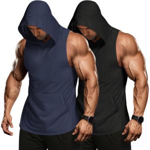 imageCOOFANDY Mens 2 Pack Workout Hooded Tank Tops Bodybuilding Muscle Cut Off T Shirt Sleeveless Gym HoodiesBlacknavy Blue