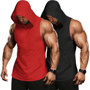 imageCOOFANDY Mens 2 Pack Workout Hooded Tank Tops Bodybuilding Muscle Cut Off T Shirt Sleeveless Gym HoodiesBlackred