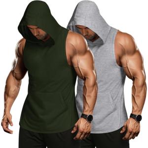 imageCOOFANDY Mens 2 Pack Workout Hooded Tank Tops Bodybuilding Muscle Cut Off T Shirt Sleeveless Gym HoodiesGreyarmy Green