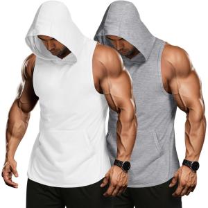 imageCOOFANDY Mens 2 Pack Workout Hooded Tank Tops Bodybuilding Muscle Cut Off T Shirt Sleeveless Gym HoodiesWhitegray