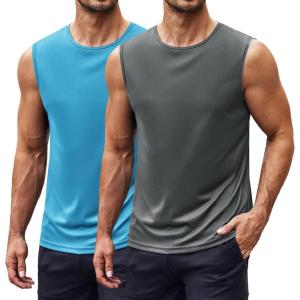 imageCOOFANDY Mens 2 Pack Workout Tank Top UPF 50 Quick Dry Sleeveless Swim Shirt Gym Muscle Athletic Summer Beach T ShirtsDark GreyLight Blue