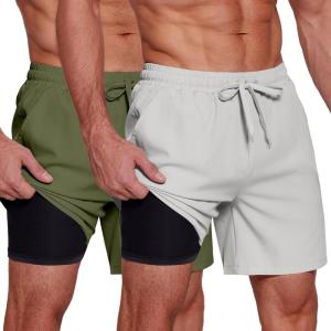 imageCOOFANDY Mens 2 in 1 Running Shorts 2 Pack Athletic Shorts Quick Dry Gym Training Workout Shorts with PocketsGreyArmy Green