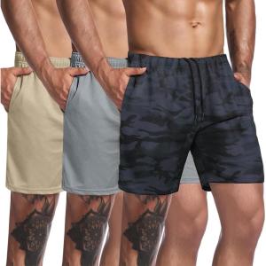 imageCOOFANDY Mens 3 Pack Workout Gym Shorts Mesh Athletic Shorts Lightweight Bodybuilding Training Short Pants with PocketsBlack Camo  Gray  Khaki