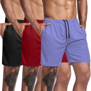 imageCOOFANDY Mens 3 Pack Workout Gym Shorts Mesh Athletic Shorts Lightweight Bodybuilding Training Short Pants with PocketsPurple  Black  Red