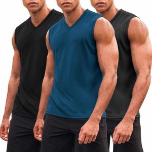 imageCOOFANDY Mens 3 Pack Workout Tank Tops Gym Sleeveless Shirts V Neck Bodybuilding Muscle Tee Shirt01blueDark GreyBlack