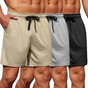 imageCOOFANDY Mens Gym Shorts 3 Pack Mesh Athletic Workout Shorts Lightweight Quick Dry Drawstring Shorts with PocketsBlackGreyKhaki