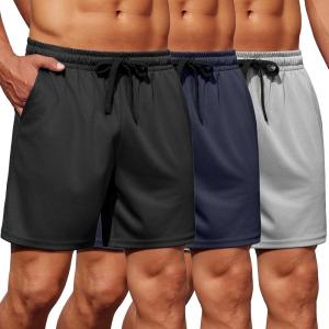 imageCOOFANDY Mens Gym Shorts 3 Pack Mesh Athletic Workout Shorts Lightweight Quick Dry Drawstring Shorts with PocketsBlackGreyNavy Blue