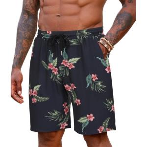 imageCOOFANDY Mens Hawaiian Beach Shorts Elastic Waist Drawstring Lightweight Summer Casual Shorts with PocketNavy Bluegreen Flower