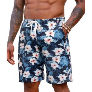 imageCOOFANDY Mens Hawaiian Beach Shorts Elastic Waist Drawstring Lightweight Summer Casual Shorts with PocketNavy Bluelily
