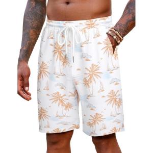 imageCOOFANDY Mens Hawaiian Beach Shorts Elastic Waist Drawstring Lightweight Summer Casual Shorts with PocketWhitebrown Coconut Tree