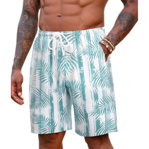 imageCOOFANDY Mens Hawaiian Beach Shorts Elastic Waist Drawstring Lightweight Summer Casual Shorts with PocketWhitegreen Palm Tree