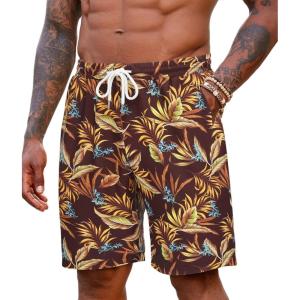imageCOOFANDY Mens Hawaiian Beach Shorts Elastic Waist Drawstring Lightweight Summer Casual Shorts with PocketWine Redgolden Tropical Print