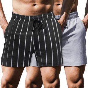 imageCOOFANDY Mens Running Athletic Shorts 5 Inch 2 Pack Gym Workout Shorts Fitted Exercise Hiking Shorts with Zipper PocketBlack StripesGrey