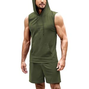 imageCOOFANDY Mens Sleeveless Workout Hoodie Shorts Set 2 Piece Outfits Hooded Tank Tops Gym Tracksuit SweatsuitsArmy Green