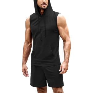 imageCOOFANDY Mens Sleeveless Workout Hoodie Shorts Set 2 Piece Outfits Hooded Tank Tops Gym Tracksuit SweatsuitsBlack