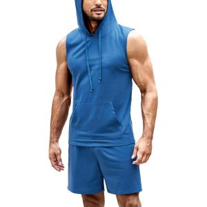 imageCOOFANDY Mens Sleeveless Workout Hoodie Shorts Set 2 Piece Outfits Hooded Tank Tops Gym Tracksuit SweatsuitsBlue