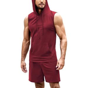 imageCOOFANDY Mens Sleeveless Workout Hoodie Shorts Set 2 Piece Outfits Hooded Tank Tops Gym Tracksuit SweatsuitsWine Red
