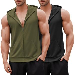 imageCOOFANDY Mens Workout Hooded Tank Tops 2 Pack Zip Up Sleeveless Gym Shirts Muscle Cut Off T Shirt Bodybuilding HoodiesArmy GreenBlack2pcs