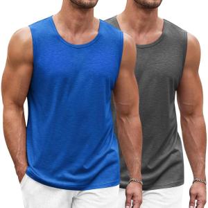 imageCOOFANDY Mens Workout Tank Top 2 Pack Casual Soft Sleeveless Gym Muscle Shirts Bodybuilding TeeDark Grey Deep Blue