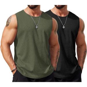 imageCOOFANDY Mens Workout Tank Tops Sleeveless Gym Muscle Tee Shirts 2 Pack Casual Breathable Waffle Knit TanksBlackArmy Green