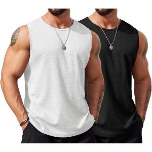 imageCOOFANDY Mens Workout Tank Tops Sleeveless Gym Muscle Tee Shirts 2 Pack Casual Breathable Waffle Knit TanksBlackWhite