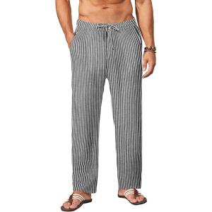 imageCOOFANDY Mens Casual Linen Pants Elastic Waist Drawstring Yoga Beach Pants Lightweight Loose Fit Trousers with PocketsBlack  White Stripe 