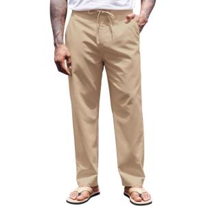 imageCOOFANDY Mens Casual Linen Pants Elastic Waist Drawstring Yoga Beach Pants Lightweight Loose Fit Trousers with PocketsKhaki