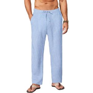 imageCOOFANDY Mens Casual Linen Pants Elastic Waist Drawstring Yoga Beach Pants Lightweight Loose Fit Trousers with PocketsLight Blue  White Stripe 