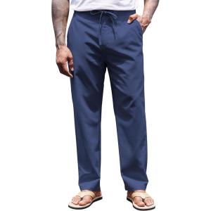 imageCOOFANDY Mens Casual Linen Pants Elastic Waist Drawstring Yoga Beach Pants Lightweight Loose Fit Trousers with PocketsNavy Blue