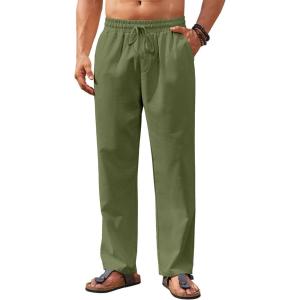 imageCOOFANDY Mens Casual Linen Pants Loose Fit Elastic Waist Drawstring Lightweight Pant Summer Beach TrousersArmy Green