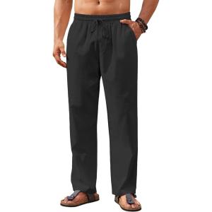 imageCOOFANDY Mens Casual Linen Pants Loose Fit Elastic Waist Drawstring Lightweight Pant Summer Beach TrousersBlack