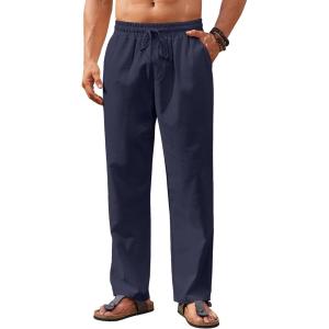 imageCOOFANDY Mens Casual Linen Pants Loose Fit Elastic Waist Drawstring Lightweight Pant Summer Beach TrousersNavy Blue
