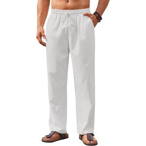 imageCOOFANDY Mens Casual Linen Pants Loose Fit Elastic Waist Drawstring Lightweight Pant Summer Beach TrousersWhite