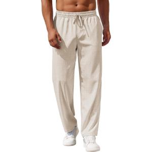 imageCOOFANDY Mens Casual Pants Drawstring Elastic Waist Pants Linen Summer Beach PantsBeige