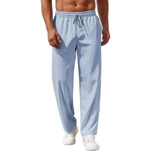 imageCOOFANDY Mens Casual Pants Drawstring Elastic Waist Pants Linen Summer Beach PantsNavy Blue
